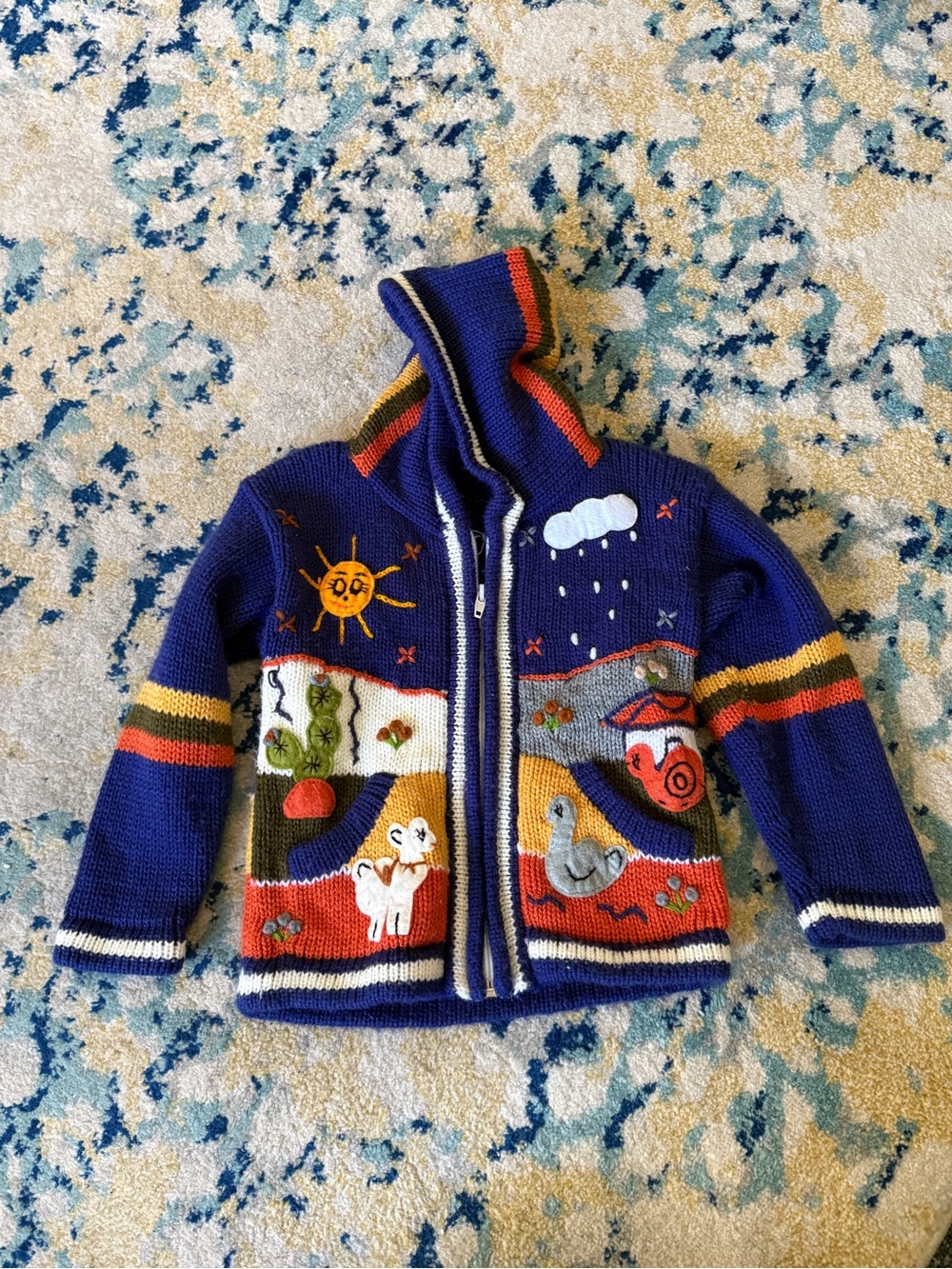 Navy Hooded Zip Knit Sweater with Colorful Animal Appliqués 2T